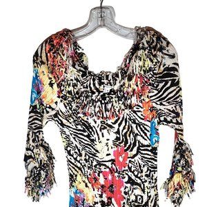Agora Crinkle Multi Color Festive Party Top with Fringe Sleeves and Neck. NWT